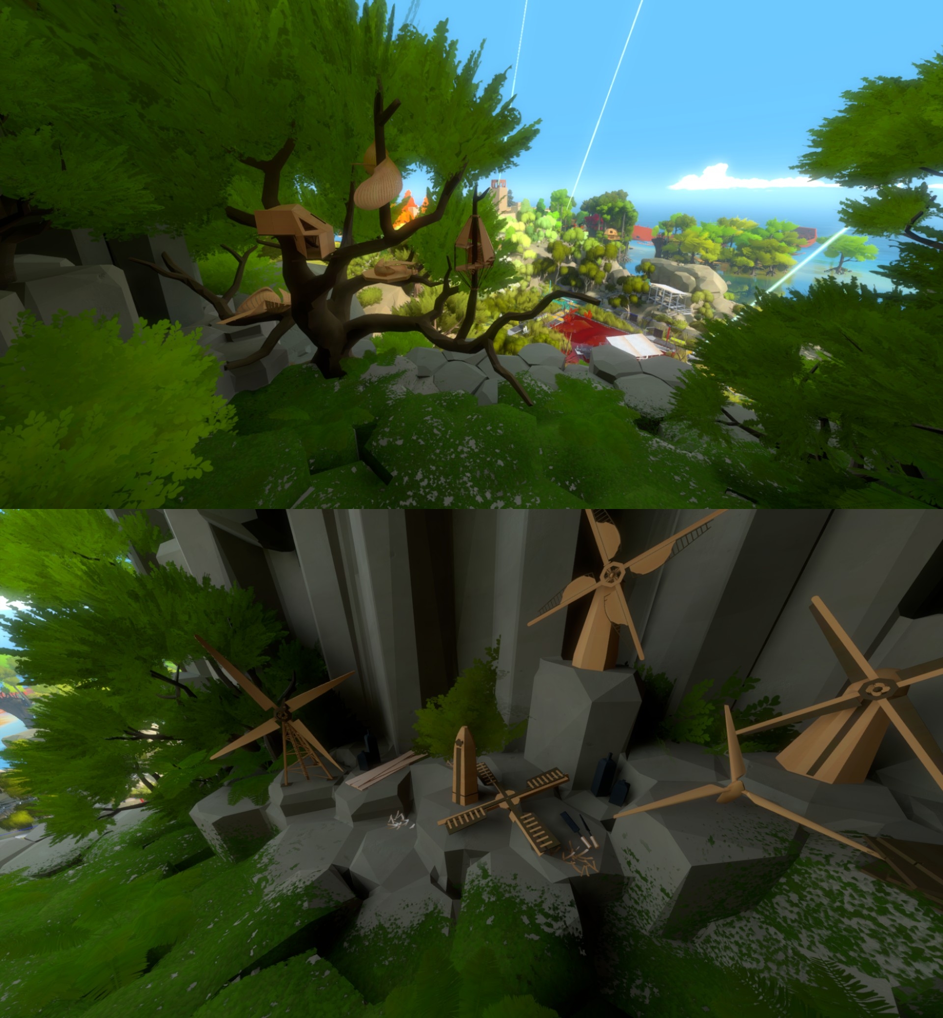 The treehouse and windmill replicas found in a grassy vista overlooking the island.