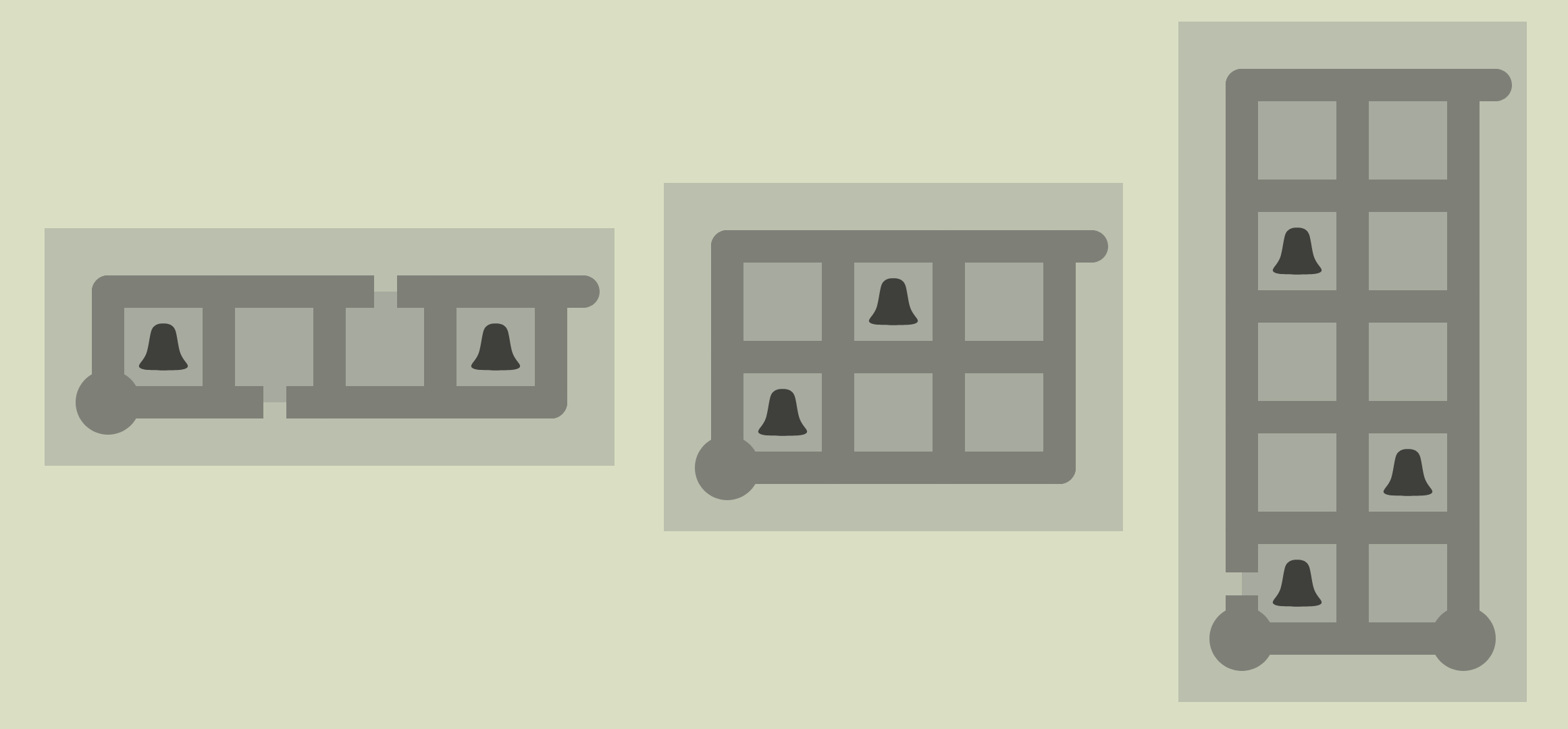 Three bell-driven panels of increasing complexity.